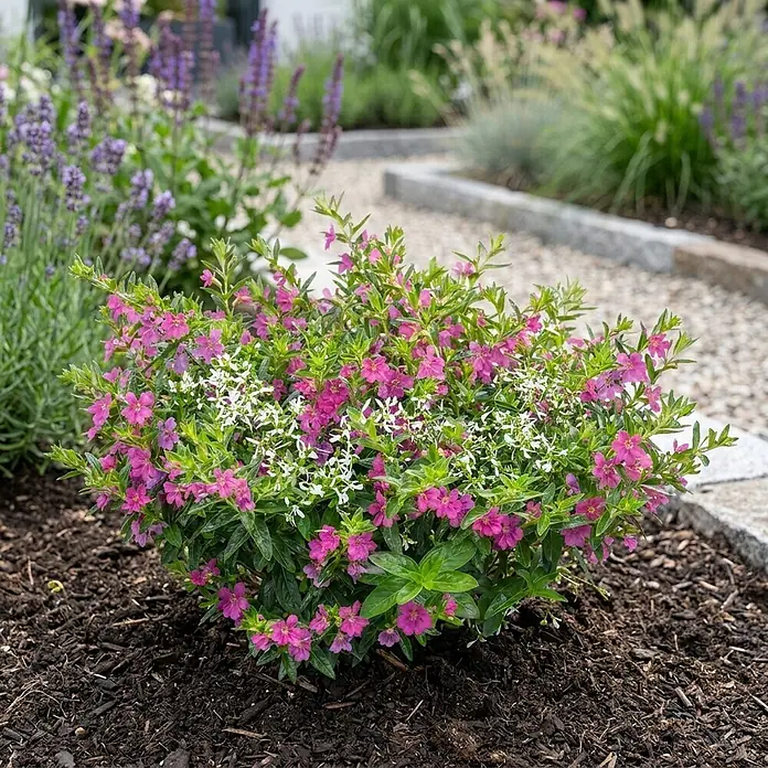 Piardino Stauden-Set - Cuphea Euphorbia Duo, Topfgröße: 13 cm - Leuchtende pink-weiße Blütenpflanze in dunkler Gartenerde.