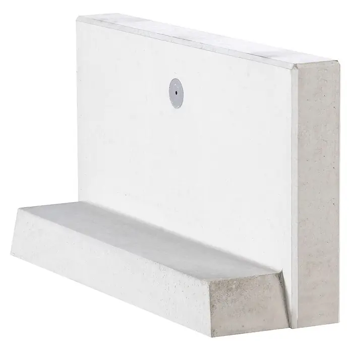 Diephaus L-Stein - 55 cm, 100 cm, Stärke: 12 cm, Grau - Hellgraue Betonbarriere mit breitem Fuß und runder Vertiefung im vertikalen Teil.