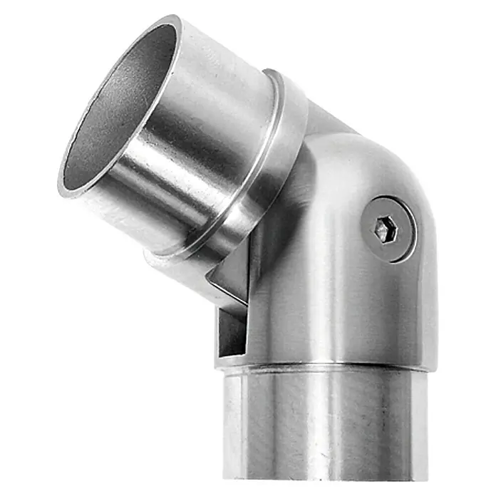 Rohrverbinder - Durchmesser Rohr: 33,7 mm, Mit Gelenk - Bild einer Rohrverbindung aus Edelstahl mit einem Winkel von 90 Grad, die für Handläufe oder Geländer verwendet wird.