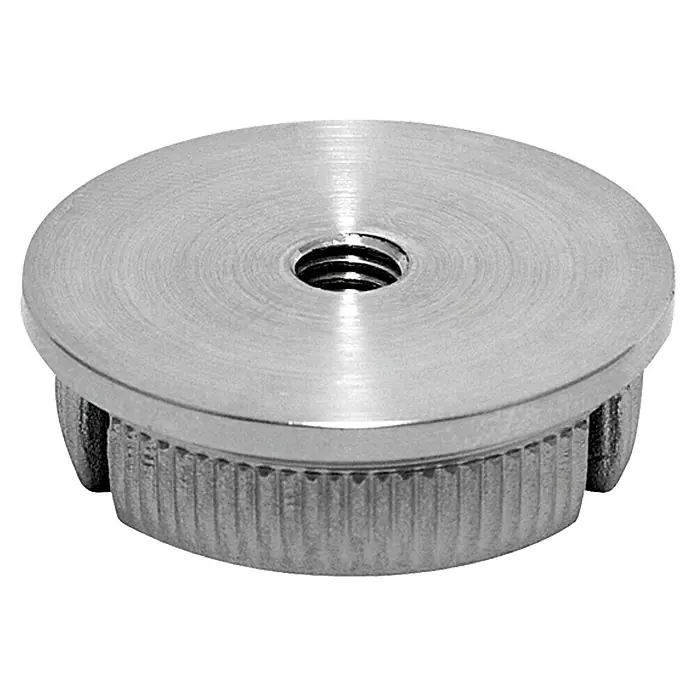 Endkappe - Durchmesser Rohr: 42,4 mm, Flach, 2 Stk. - Nahaufnahme einer silbernen Stativschraube mit Gewinde in der Mitte und gerändelter Basis.