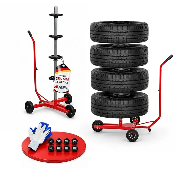 Proregal Reifenregal Fahrbarer Felgenbaum CARRERO - Stecken, Rot - Rotes, fahrbares Reifenregal mit 4 Reifen, ein leeres Regal und eine Ablage mit Handschuhen und Reifenmarkern.