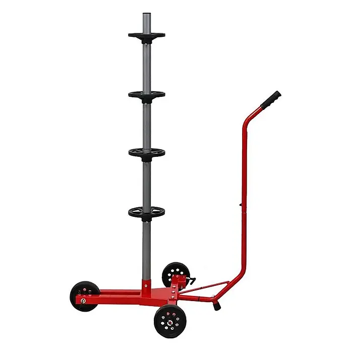 Proregal Reifenregal Fahrbarer Felgenbaum CARRERO - Stecken, Rot - Roter und grauer rollbarer Reifenständer mit mehreren Ebenen für Räder.