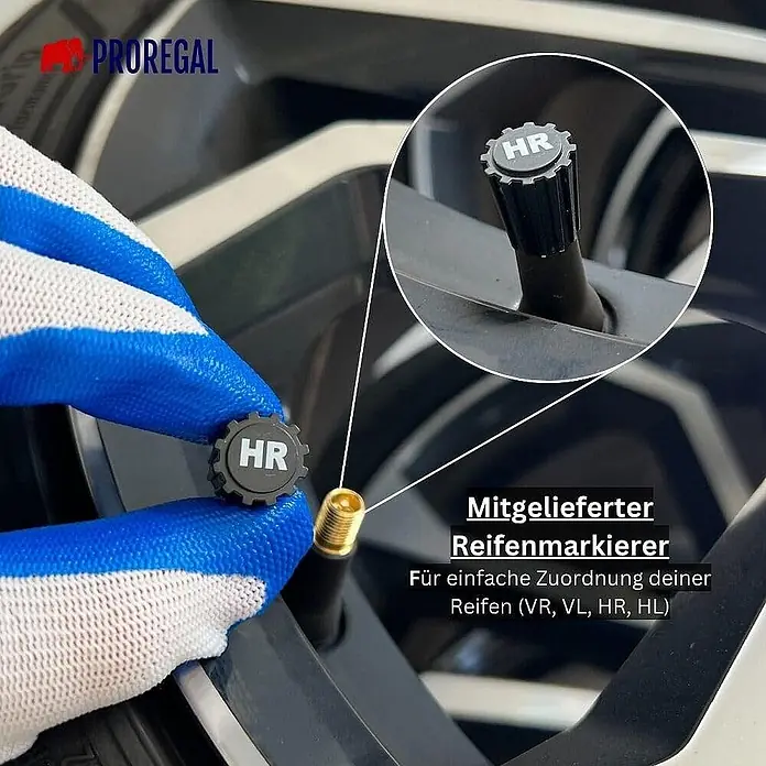 Proregal Reifenregal Fahrbarer Felgenbaum CARRERO - Stecken, Schwarz - Dunkelgraue Reifenventilkappe mit weißer "HR"-Markierung zur einfachen Reifenidentifizierung auf einer Felge.