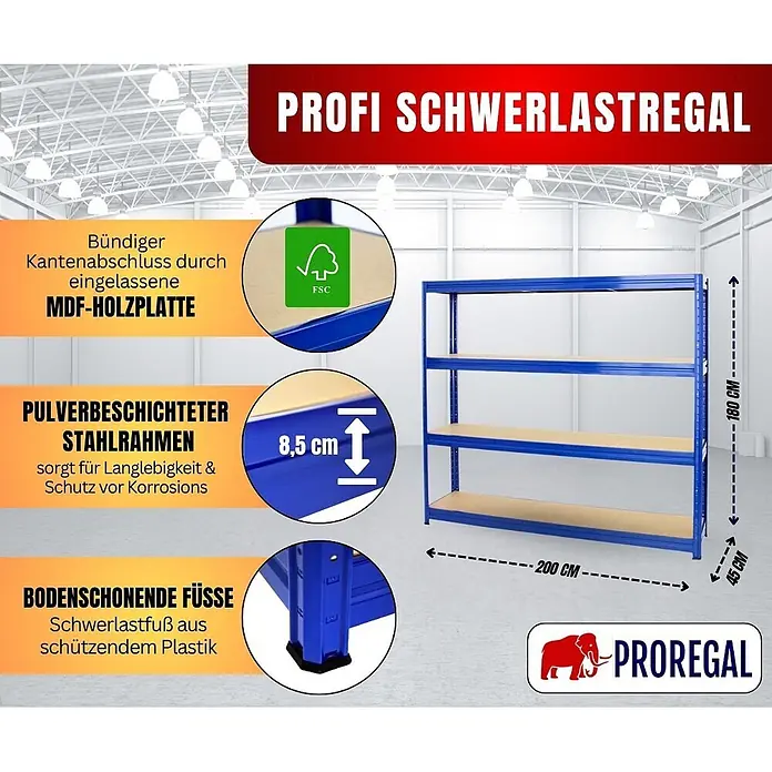 Proregal Schwerlastregal DINO - Traglast pro Boden: 500 kg, Anzahl Böden: 4 Stk., Stecken, Blau - Blaues pulverbeschichtetes Schwerlastregal mit drei MDF-Holzböden, 200x180x45cm. Mit FSC-Holz, robustem Stahlrahmen und Kunststofffüßen.