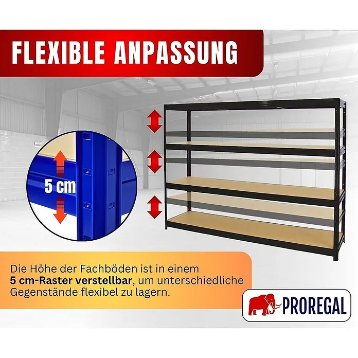Proregal Schwerlastregal DINO - Traglast pro Boden: 450 kg, Anzahl Böden: 4 Stk., Stecken, Schwarz - Schwarzes Metallregal mit hellbraunen, um 5 cm höhenverstellbaren Fachböden.