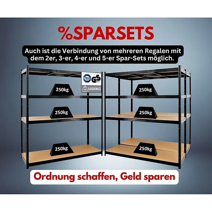 Proregal Schwerlastregal TAURUS - Traglast pro Boden: 250 kg, Anzahl Böden: 4 Stk., Stecken, Schwarz - Zwei schwarze Schwerlastregale aus Metall mit Holzablagen, 250kg Traglast pro Boden, insgesamt 1000kg. Regale sind verbindbar.