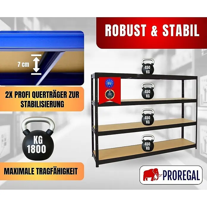 Proregal Schwerlastregal DINO - Traglast pro Boden: 450 kg, Anzahl Böden: 4 Stk., Stecken, Schwarz - Schwarzes Metallregal mit Holzablagen, 7cm Querträgern und 450kg Traglast pro Boden, gesamt 1800kg.
