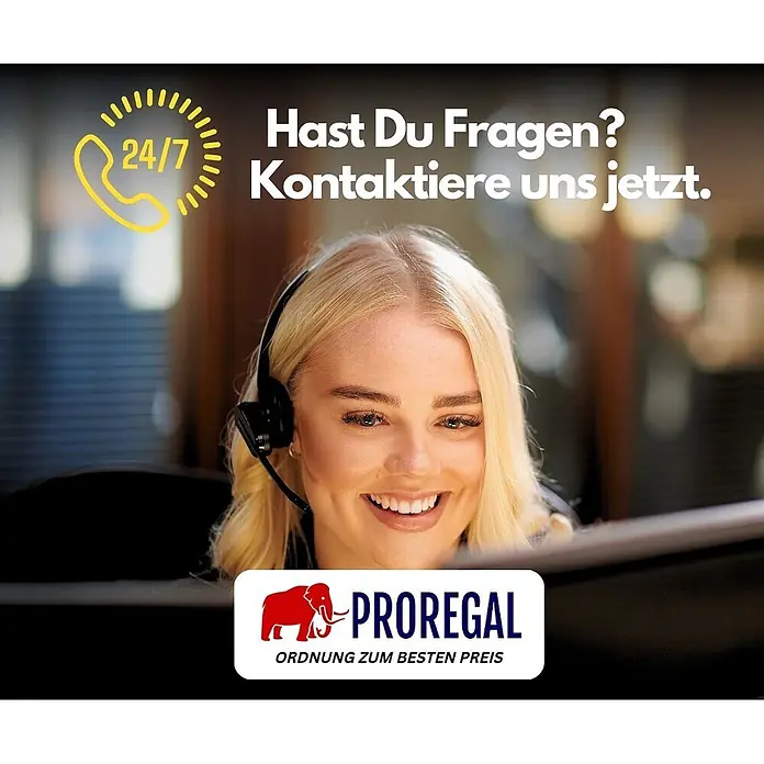 Proregal Schwerlastregal TAURUS - Traglast pro Boden: 250 kg, Anzahl Böden: 4 Stk., Stecken, Schwarz - Freundliche PROREGAL Kundendienstmitarbeiterin mit Headset, lächelnd, daneben ein 24/7-Kontaktruf und der Text "Hast Du Fragen? Kontaktiere uns jetzt."