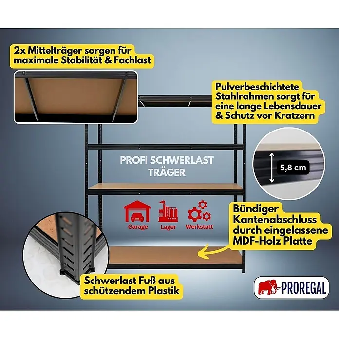 Proregal Schwerlastregal TAURUS - Traglast pro Boden: 250 kg, Anzahl Böden: 4 Stk., Stecken, Schwarz - Schwarzes Schwerlastregal mit braunen MDF-Böden, pulverbeschichtetem Stahlrahmen und schützenden Kunststofffüßen für Garage, Lager, Werkstatt.
