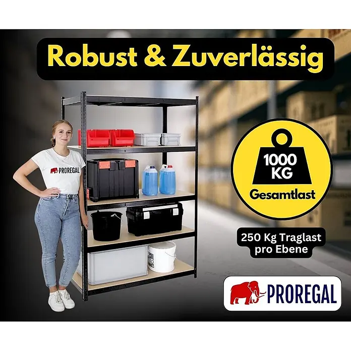 Proregal Schwerlastregal TAURUS - Traglast pro Boden: 250 kg, Anzahl Böden: 4 Stk., Stecken, Schwarz - Robustes schwarzes Metallregal mit Holzablagen, präsentiert 1000 kg Gesamtlast (250 kg pro Ebene). Eine Person zeigt die Größe.