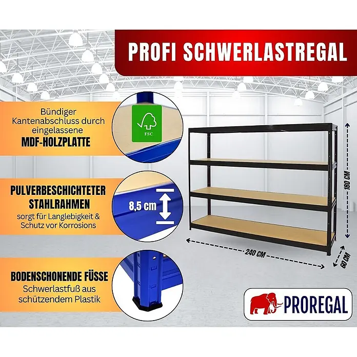 Proregal Schwerlastregal DINO - Traglast pro Boden: 450 kg, Anzahl Böden: 4 Stk., Stecken, Schwarz - Profi Schwerlastregal mit pulverbeschichtetem Stahlrahmen, MDF-Holzplatten und bodenschonenden Füßen.