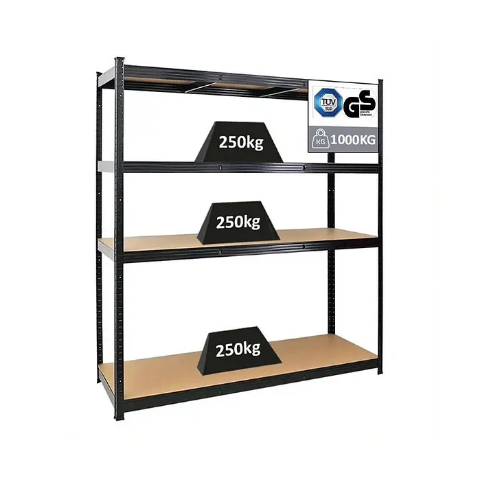 Proregal Schwerlastregal TAURUS - Traglast pro Boden: 250 kg, Anzahl Böden: 4 Stk., Stecken, Schwarz - Schwarzes Metallregal mit 4 Holzablagen, jede trägt 250kg, Gesamtkapazität 1000kg.