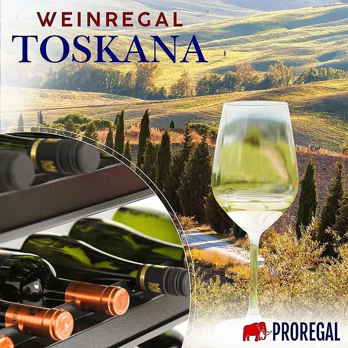 Proregal Getränkekistenregal Weinregal TOSKANA 30 Flaschen - H x B x T: 75 x 60 x 30 cm, Anzahl Böden: 5 Stk., Stecken, Schwarz - Dunkles Weinregal gefüllt mit Flaschen, vor einer malerischen toskanischen Landschaft mit einem Weinglas.