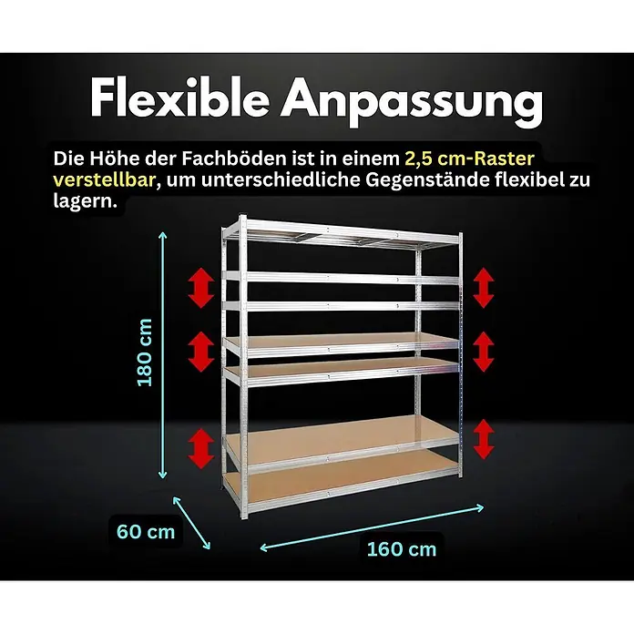 Schwerlastregal TAURUS XL mit TÜV/GS Zertifizierung | HxBxT 180x160x60cm | Fachlast 250kg | Verzinkt -  - Flexibles Metallregal, 180x160x60 cm, Fachböden im 2,5 cm-Raster verstellbar für flexible Lagerung.