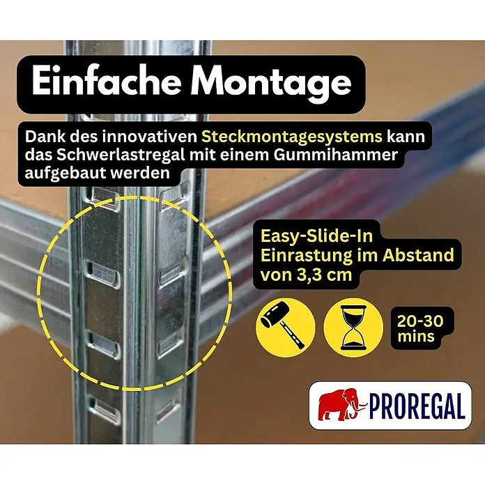 Schwerlastregal TAURUS XL mit TÜV/GS Zertifizierung | HxBxT 180x160x60cm | Fachlast 250kg | Verzinkt -  - Detailaufnahme einer silbernen Metallregal-Verbindung mit Stecksystem für einfache Montage.