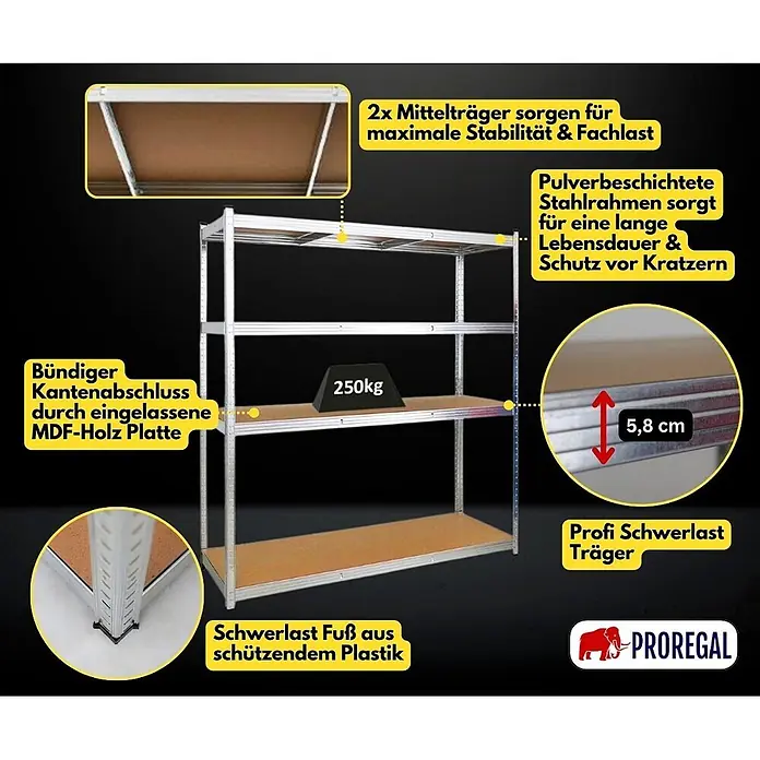 Schwerlastregal TAURUS XL mit TÜV/GS Zertifizierung | HxBxT 180x160x60cm | Fachlast 250kg | Verzinkt -  - Schwerlast-Metallregal mit braunen MDF-Böden, pulverbeschichtetem Stahlrahmen und Kunststofffüßen. Jeder Boden trägt 250kg.