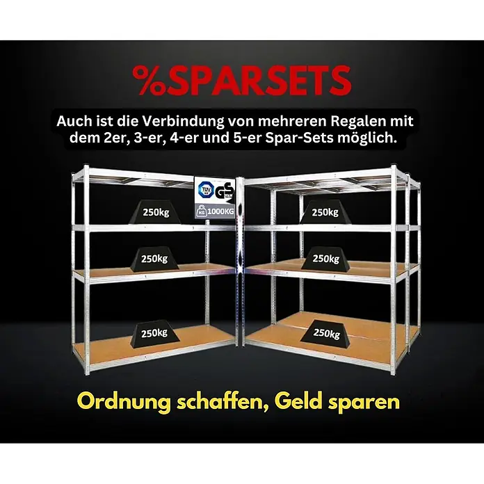 Schwerlastregal TAURUS XL mit TÜV/GS Zertifizierung | HxBxT 180x160x60cm | Fachlast 250kg | Verzinkt -  - Zwei silberne Metallregale mit hellbraunen Böden, je 250kg Traglast, als modulares Schwerlastsystem verbunden. Gesamtkapazität 1000kg.