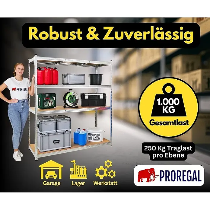 Schwerlastregal TAURUS XL mit TÜV/GS Zertifizierung | HxBxT 180x160x60cm | Fachlast 250kg | Verzinkt -  - Silbernes Metallregal mit Holzablagen, das seine hohe Tragfähigkeit mit gelagerten Gegenständen in einer Lagerhalle und einer Frau zum Größenvergleich zeigt.