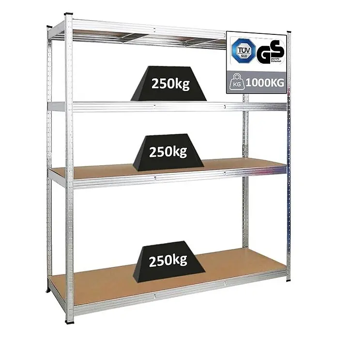 Schwerlastregal TAURUS XL mit TÜV/GS Zertifizierung | HxBxT 180x160x60cm | Fachlast 250kg | Verzinkt -  - Silbernes Metallregal mit braunen Böden, zeigt 250kg pro Fach und 1000kg Gesamttraglast.