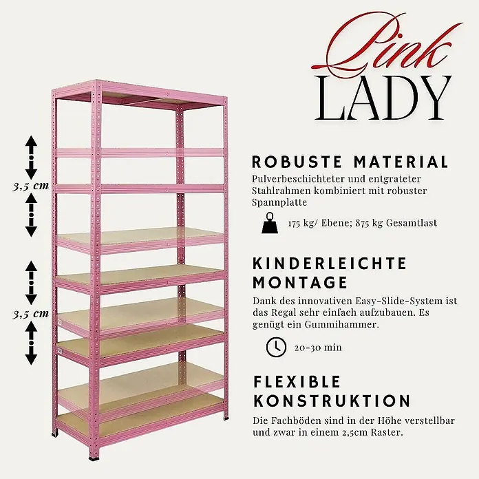 Proregal Schwerlastregal Wohnregal PINK LADY - H x B x T: 180 x 90 x 40 cm, Traglast pro Boden: 175 kg, Anzahl Böden: 5 Stk., Stecken, Pink - Rosa Metallregal mit 5 höhenverstellbaren Fachböden, robustem Stahlrahmen und hoher Traglast.