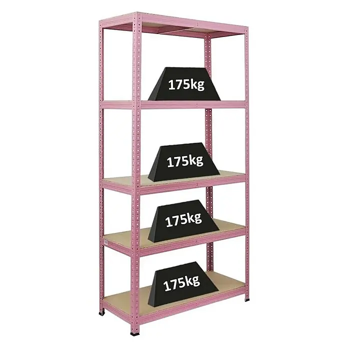 Proregal Schwerlastregal Wohnregal PINK LADY - H x B x T: 180 x 90 x 40 cm, Traglast pro Boden: 175 kg, Anzahl Böden: 5 Stk., Stecken, Pink - Rosa Metallregal mit 5 Ablagen, jede mit einem 175 kg Gewicht, was seine hohe Tragfähigkeit zeigt.