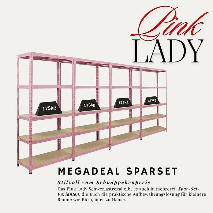 Proregal Schwerlastregal Wohnregal PINK LADY - H x B x T: 180 x 90 x 40 cm, Traglast pro Boden: 175 kg, Anzahl Böden: 5 Stk., Stecken, Pink - Pinkes Schwerlastregal aus Metall mit mehreren Regalböden, jeder für 175kg Last.
