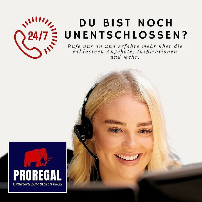 Proregal Schwerlastregal Wohnregal PINK LADY - H x B x T: 180 x 90 x 40 cm, Traglast pro Boden: 175 kg, Anzahl Böden: 5 Stk., Stecken, Pink - Lächelnde Kundenberaterin mit Headset, bewirbt PROREGAL-Kundenservice mit 24/7-Verfügbarkeit.