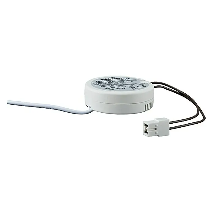 Paulmann Transformator Disc - 105 VA, 230 V, Weiß - Nahaufnahme eines LED-Trafos mit weißem Gehäuse und Kabeln, der für elektronische Geräte zur Stromversorgung verwendet wird.
