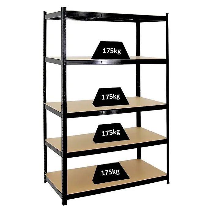 Proregal Schwerlastregal TAURUS - H x B x T: 180 x 120 x 60 cm, Traglast pro Boden: 175 kg, Anzahl Böden: 5 Stk., Stecken, Schwarz - Fünf-stufiges schwarzes Metallregal mit Holzablagen, jede Ablage für 175 kg Traglast.
