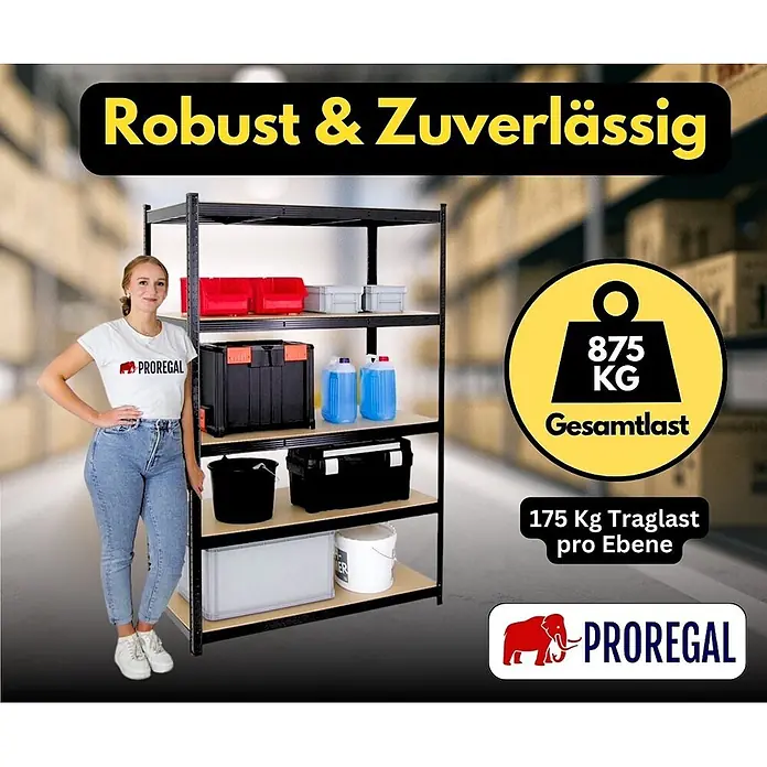 Proregal Schwerlastregal TAURUS - H x B x T: 180 x 120 x 60 cm, Traglast pro Boden: 175 kg, Anzahl Böden: 5 Stk., Stecken, Schwarz - Ein schwarzes Metallregal mit fünf Holzregalböden, gefüllt mit Aufbewahrungsartikeln. Eine Frau steht daneben und zeigt seine Größe und 875 kg Gesamttraglast.