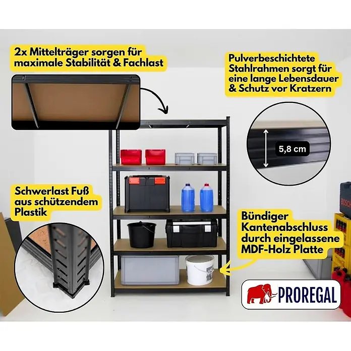 Proregal Schwerlastregal TAURUS - H x B x T: 180 x 120 x 60 cm, Traglast pro Boden: 175 kg, Anzahl Böden: 5 Stk., Stecken, Schwarz - Schwarzes Metallregal mit MDF-Holzböden, betont Haltbarkeitsmerkmale wie pulverbeschichteter Rahmen, Mittelstützen, Kunststofffüße und bündige Kanten.