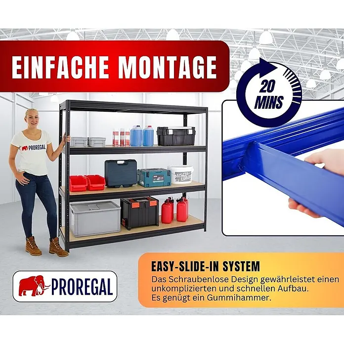 Proregal Schwerlastregal DINO - H x B x T: 180 x 200 x 60 cm, Traglast pro Boden: 500 kg, Anzahl Böden: 4 Stk., Stecken, Schwarz - Frau neben großem schwarzem Metallregal mit Easy-Slide-In System und 20-Minuten-Montage. Regalböden sind mit Lagerartikeln gefüllt.