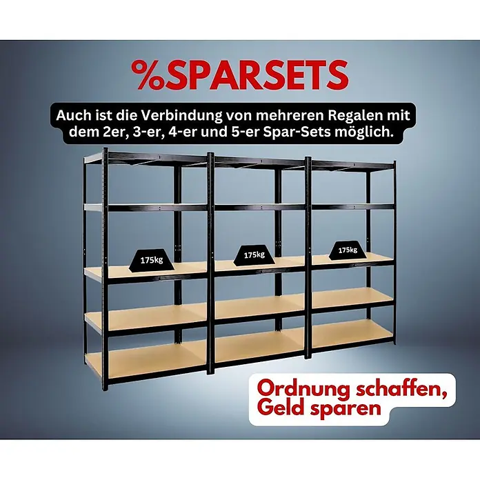 Proregal Schwerlastregal TAURUS - H x B x T: 180 x 120 x 60 cm, Traglast pro Boden: 175 kg, Anzahl Böden: 5 Stk., Stecken, Schwarz - Schwarze Metallregale mit hellbraunen Holzablagen, verbunden als Spar-Set, 175kg Tragkraft pro Fach.