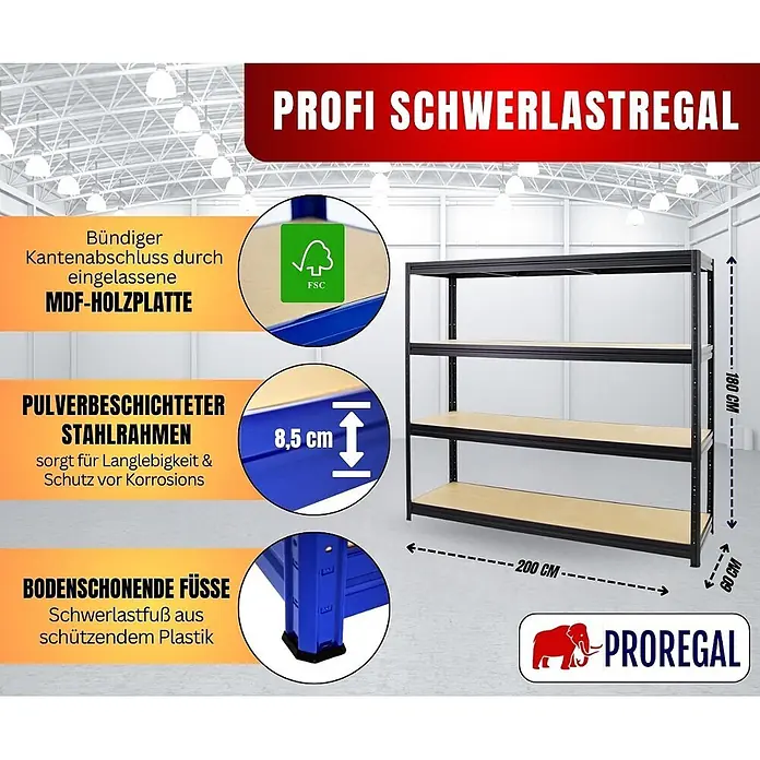 Proregal Schwerlastregal DINO - H x B x T: 180 x 200 x 60 cm, Traglast pro Boden: 500 kg, Anzahl Böden: 4 Stk., Stecken, Schwarz - Schwarzes Schwerlastregal (180x200x60 cm) mit 4 MDF-Holzböden und pulverbeschichtetem Stahlrahmen, inklusive bodenschonenden Plastikfüßen.