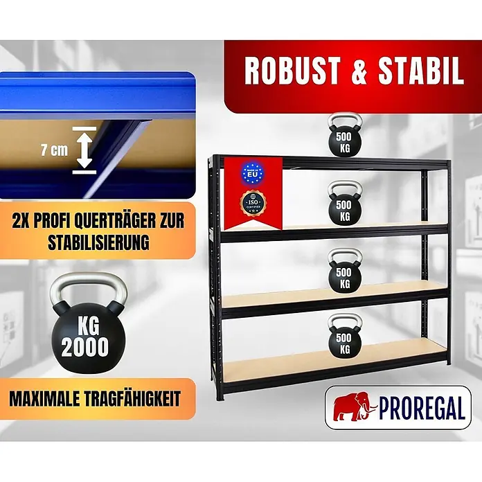 Proregal Schwerlastregal DINO - Traglast pro Boden: 500 kg, Anzahl Böden: 4 Stk., Stecken, Schwarz - Robustes schwarzes Metallregal mit hellen Einlegeböden, betont Stabilität und 500 kg Tragkraft pro Boden, gesamt 2000 kg.