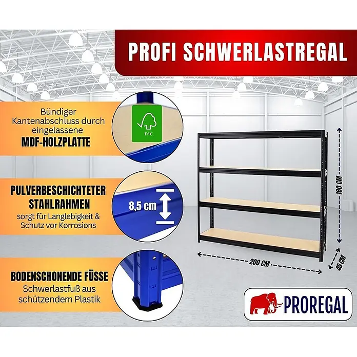 Proregal Schwerlastregal DINO - Traglast pro Boden: 500 kg, Anzahl Böden: 4 Stk., Stecken, Schwarz - Schwarzes pulverbeschichtetes Schwerlastregal mit 4 MDF-Holzböden, 200x180x45cm. Mit bodenschonenden Kunststofffüßen und Korrosionsschutz.