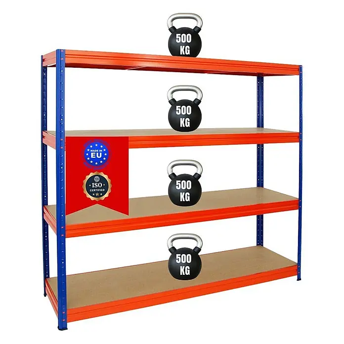 Proregal Schwerlastregal DINO - Traglast pro Boden: 500 kg, Anzahl Böden: 4 Stk., Stecken, Blau - Orange-blaues Schwerlast-Metallregal mit 4 Böden, 500 kg Traglast pro Boden. Hergestellt in der EU, ISO-zertifiziert.