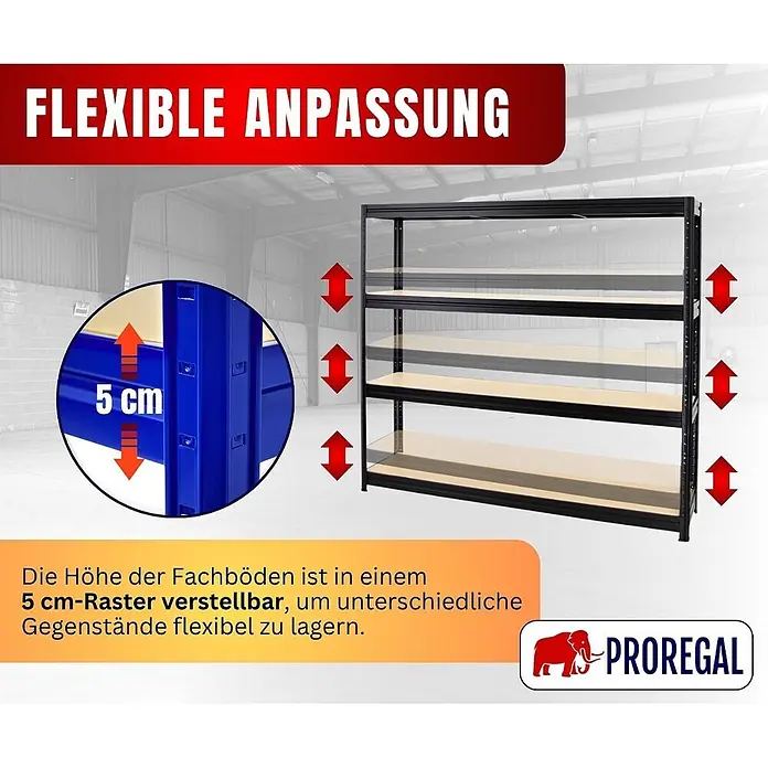 Proregal Schwerlastregal DINO - Traglast pro Boden: 500 kg, Anzahl Böden: 4 Stk., Stecken, Schwarz - Schwarzes Metallregal mit verstellbaren Holzböden; 5 cm Höhenverstellung für flexible Lagerung.