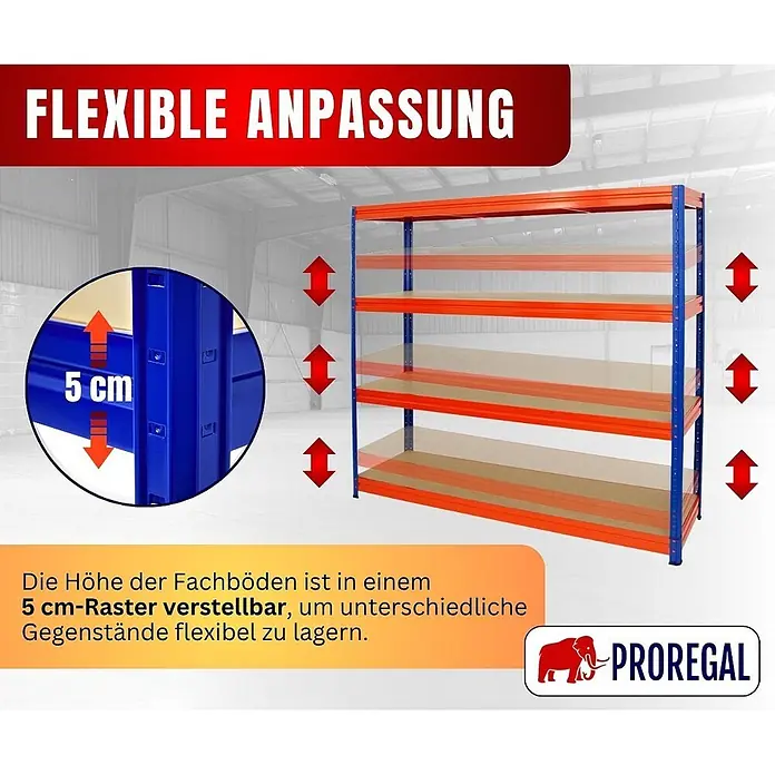 Proregal Schwerlastregal DINO - Traglast pro Boden: 500 kg, Anzahl Böden: 4 Stk., Stecken, Blau - Blau-oranges Lagerregal mit Fachböden, die in 5-cm-Schritten für flexible Lagerung verstellbar sind.