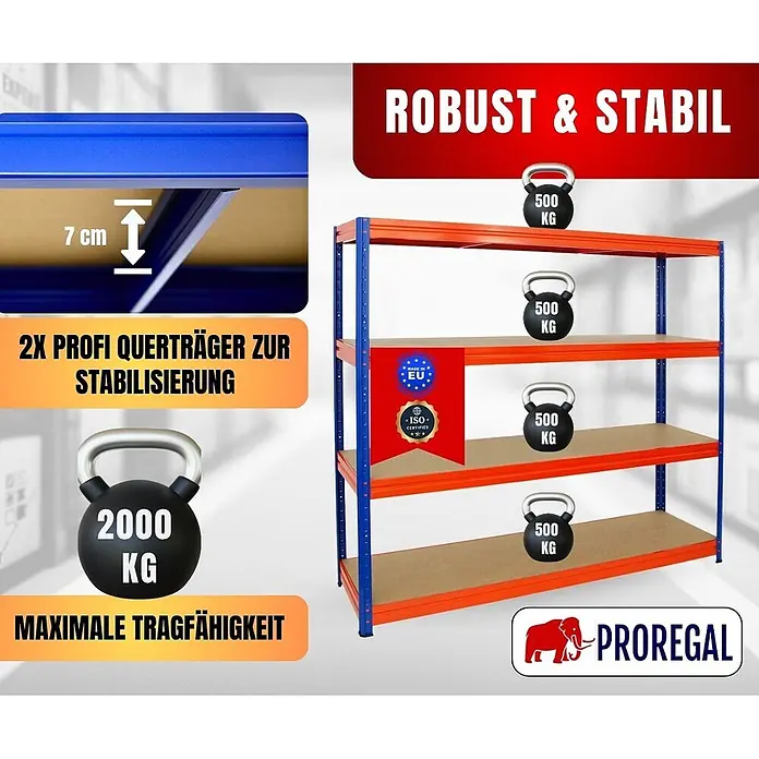 Proregal Schwerlastregal DINO - Traglast pro Boden: 500 kg, Anzahl Böden: 4 Stk., Stecken, Blau - Blau-orange Schwerlastregal mit drei Böden, jeder trägt 500 kg, Gesamtkapazität 2000 kg.