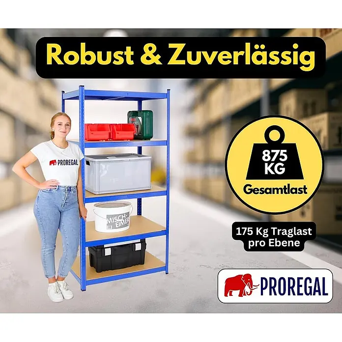 Proregal Schwerlastregal TAURUS - Traglast pro Boden: 175 kg, Anzahl Böden: 5 Stk., Stecken, Blau - Blaues Metallregal mit Holzablagen und Frau zum Größenvergleich. Robustes Lagerregal mit hoher Traglast.