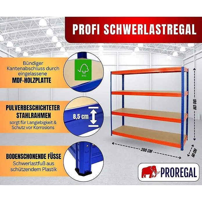 Proregal Schwerlastregal DINO - Traglast pro Boden: 500 kg, Anzahl Böden: 4 Stk., Stecken, Blau - Blau-oranges Schwerlastregal aus pulverbeschichtetem Stahl mit vier MDF-Holzböden.