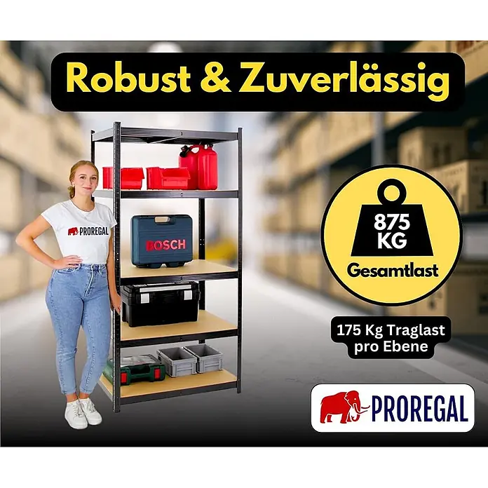 Proregal Schwerlastregal TAURUS - H x B x T: 180 x 90 x 60 cm, Traglast pro Boden: 175 kg, Anzahl Böden: 5 Stk., Stecken, Schwarz - Robustes schwarzes Metallregal mit 5 Ablagen, eine Frau zeigt die Gesamtkapazität von 875 kg und 175 kg pro Fach.