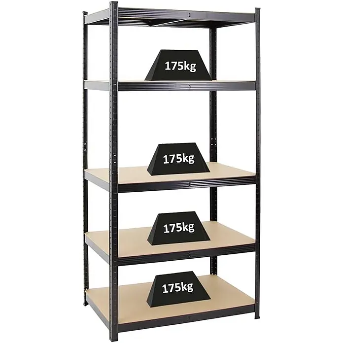 Proregal Schwerlastregal TAURUS - H x B x T: 180 x 90 x 60 cm, Traglast pro Boden: 175 kg, Anzahl Böden: 5 Stk., Stecken, Schwarz - Schwarzes Metallregal mit vier Holzablagen, jede mit einem 175kg Gewicht, was die hohe Tragfähigkeit zeigt.