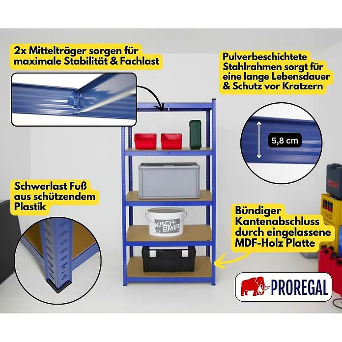 Proregal Schwerlastregal TAURUS - Traglast pro Boden: 175 kg, Anzahl Böden: 5 Stk., Stecken, Blau - Blaues Schwerlastregal mit pulverbeschichtetem Stahlrahmen, MDF-Holzböden und schwarzen Kunststofffüßen. Bietet hohe Stabilität.