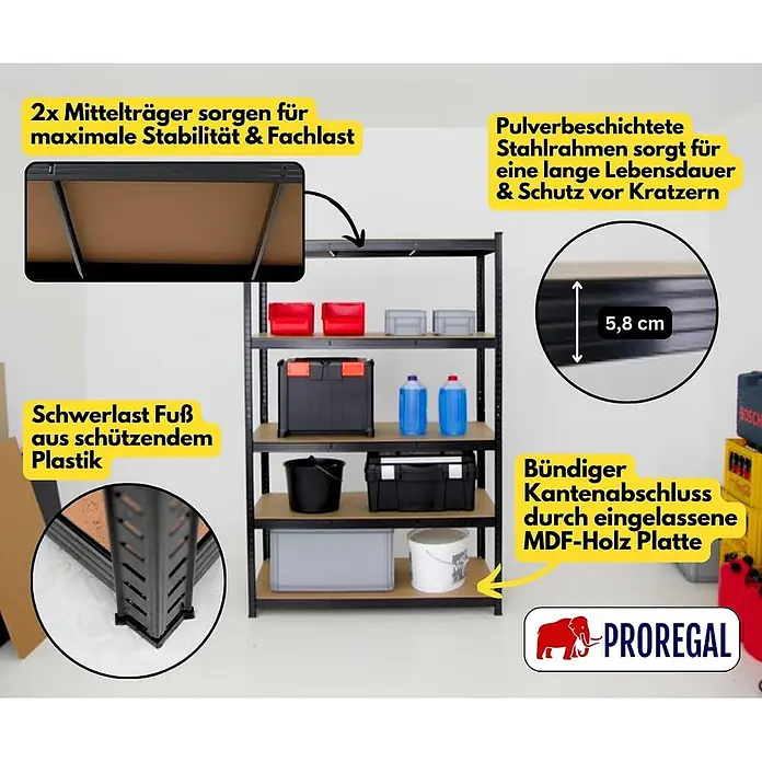 Proregal Schwerlastregal TAURUS - H x B x T: 180 x 90 x 60 cm, Traglast pro Boden: 175 kg, Anzahl Böden: 5 Stk., Stecken, Schwarz - Schwarzes Metallregal mit braunen MDF-Böden. Pulverbeschichteter Stahlrahmen, Kunststofffüße, Mittelträger, 5,8 cm Fachhöhe.