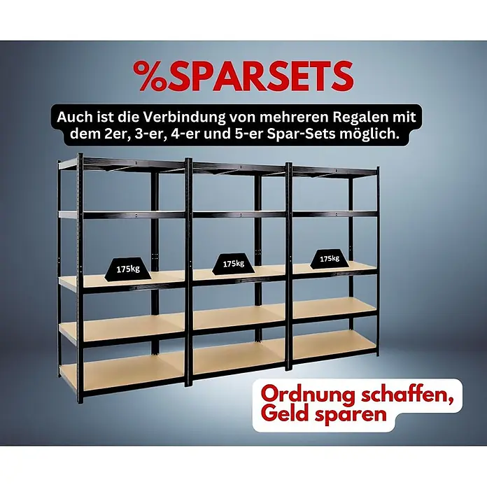 Proregal Schwerlastregal TAURUS - H x B x T: 180 x 90 x 60 cm, Traglast pro Boden: 175 kg, Anzahl Böden: 5 Stk., Stecken, Schwarz - Drei schwarze Metallregale mit hellen Böden, 175kg Traglast pro Boden. Modulares Design für flexible Schwerlastlagerung.