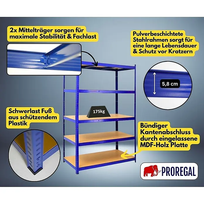 Proregal Schwerlastregal TAURUS - Traglast pro Boden: 175 kg, Anzahl Böden: 5 Stk., Stecken, Blau - Blaues pulverbeschichtetes Metallregal mit fünf Holzablagen und hoher Tragfähigkeit.