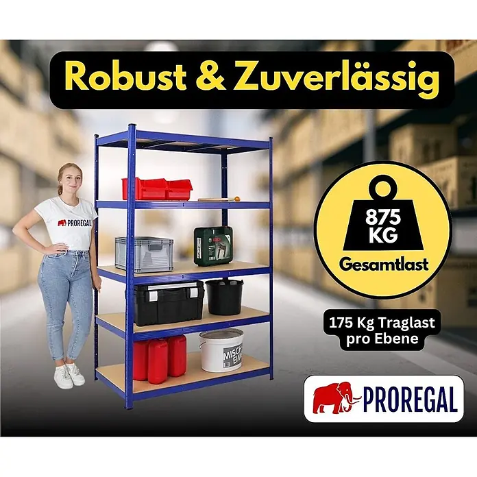 Proregal Schwerlastregal TAURUS - Traglast pro Boden: 175 kg, Anzahl Böden: 5 Stk., Stecken, Blau - Blaues Metallregal mit 5 Holzböden, mit Frau zum Größenvergleich. Robust, 875 kg Gesamtlast und 175 kg Traglast pro Ebene.