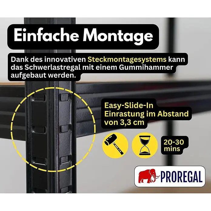 Proregal Schwerlastregal TAURUS - H x B x T: 180 x 90 x 60 cm, Traglast pro Boden: 175 kg, Anzahl Böden: 5 Stk., Stecken, Schwarz - Schwarzes Schwerlastregal mit innovativem Stecksystem, zeigt verstellbare Einschubschlitze für einfache Montage.